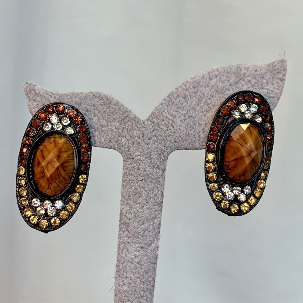 BRONZE gold brown tan rhinestone Embellished oval costume jewellery earrings